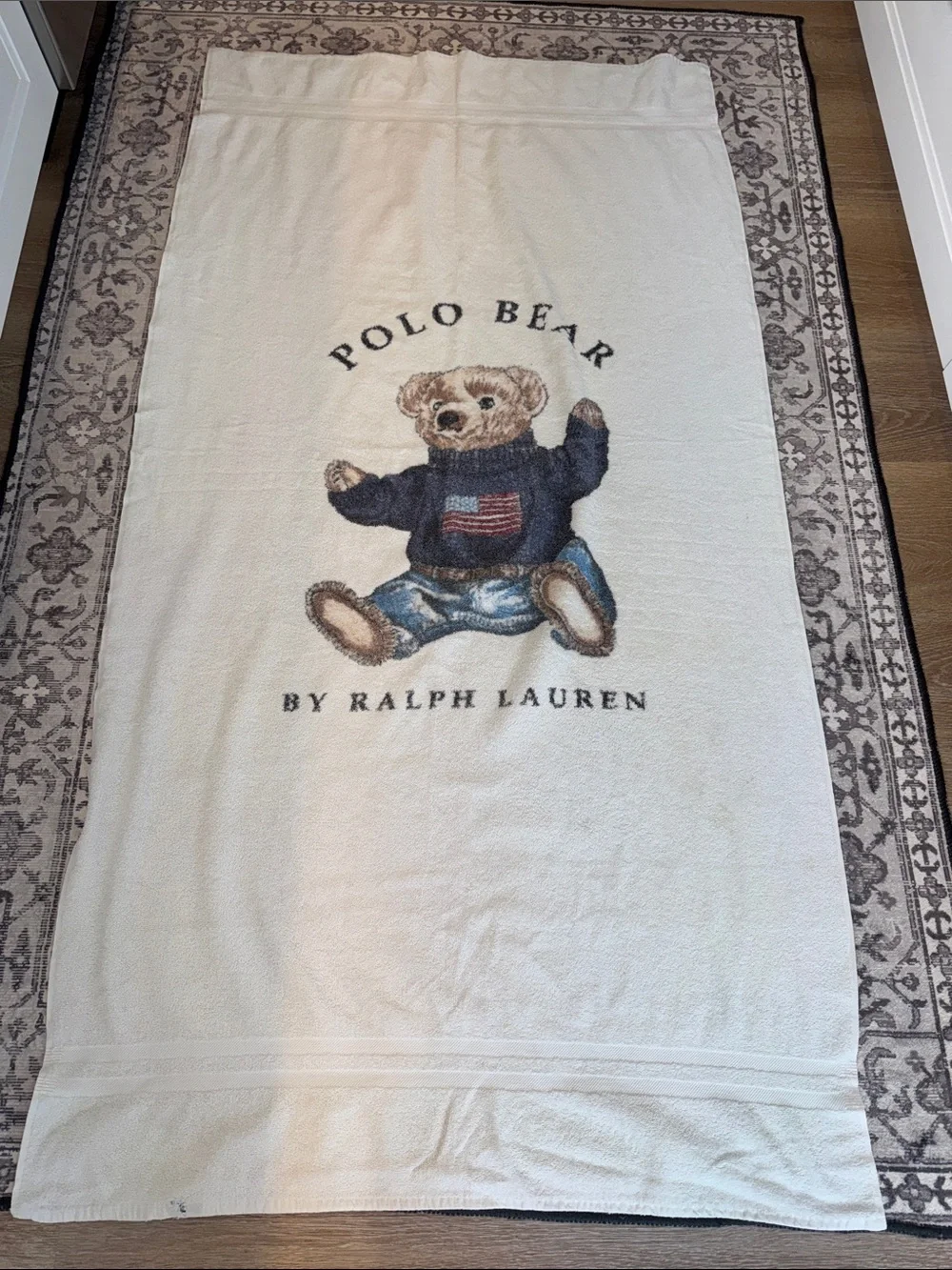 Vintage 90s Polo Bear Beach Towel 65 X 34 White Terry Cloth by Ralph Lauren